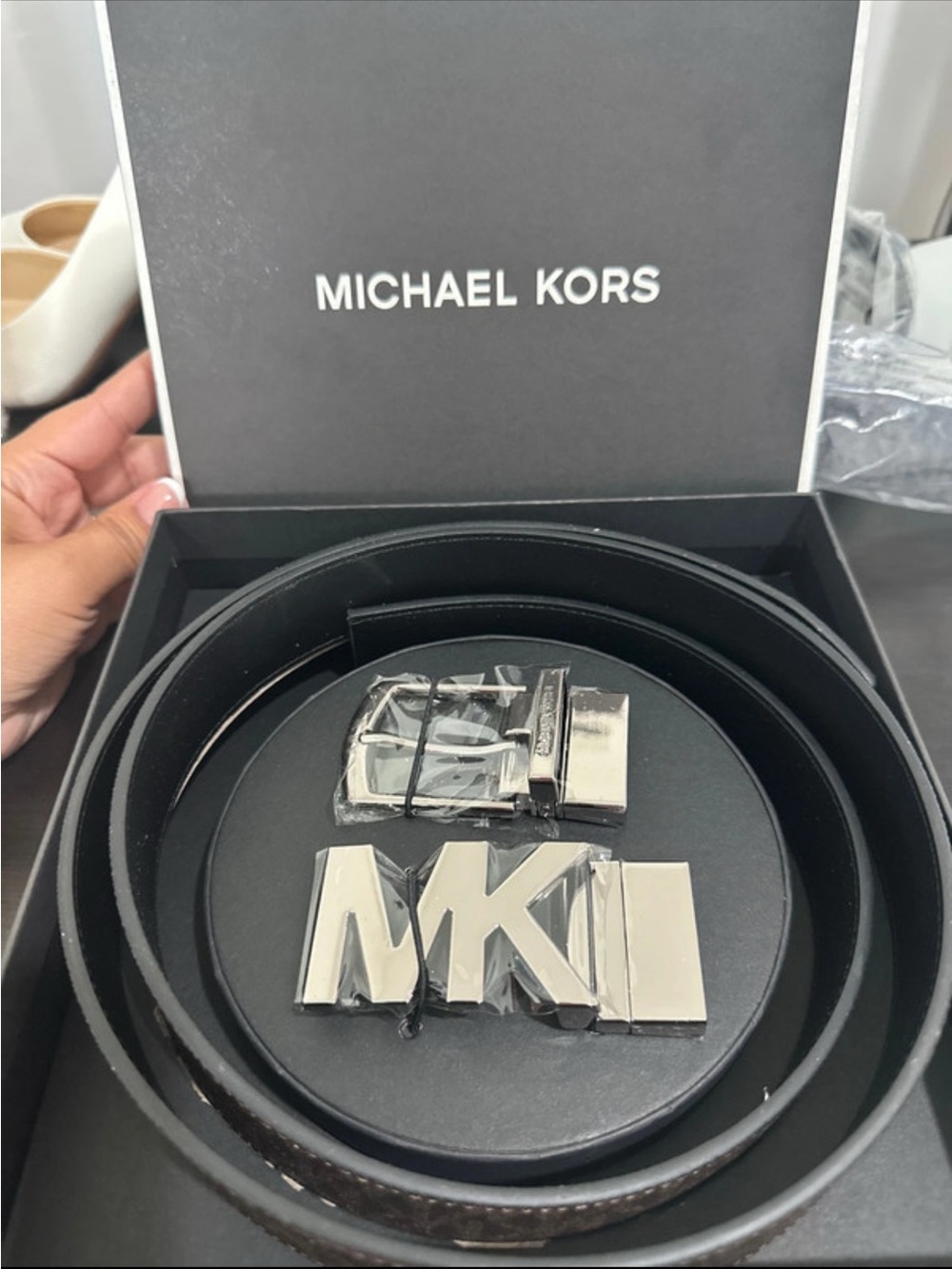 Michael Kors Black Leather Men’s Belt with Silver details